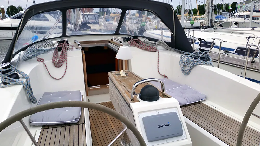 Cockpit of Fireball, a Bavaria Cruiser 41 sailboat at Llucmajor, Spain