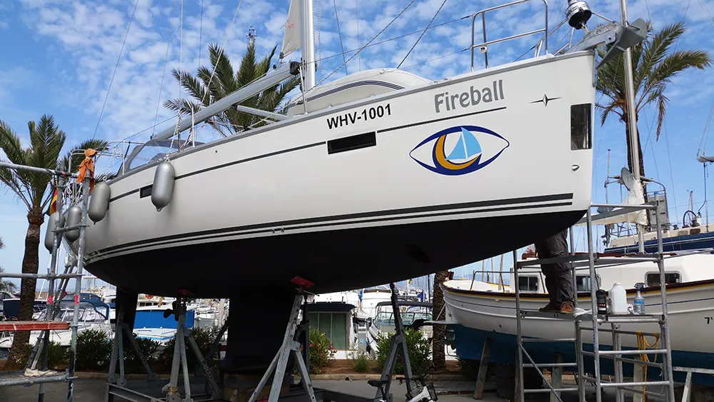 Exterior view of Fireball, a Bavaria Cruiser 41 sailboat at Llucmajor, Spain