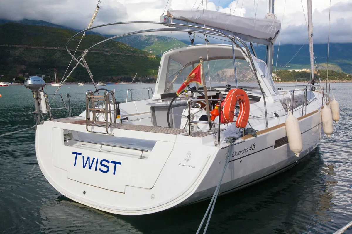Exterior view of Twist, a Beneteau Oceanis 45 sailboat at Tivat, Montenegro