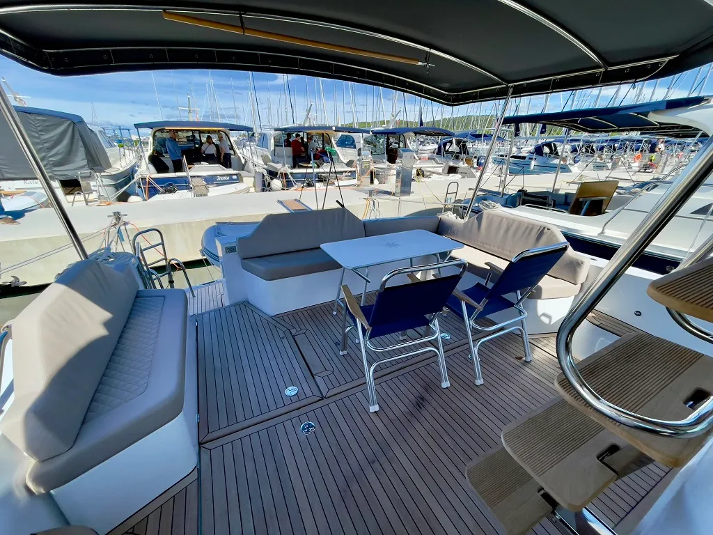 Deck of Baby Blue, a SAS - Vektor Adriana 44 FLY motor yacht at Općina Sukošan, Croatia