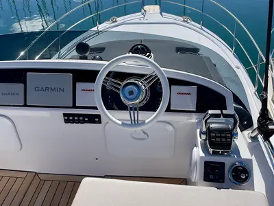 Cockpit of Baby Blue, a SAS - Vektor Adriana 44 FLY motor yacht at Općina Sukošan, Croatia