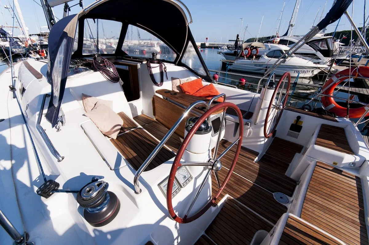 Cockpit of Juna, a Jeanneau Sun Odyssey 39i sailboat at Gdańsk, Poland