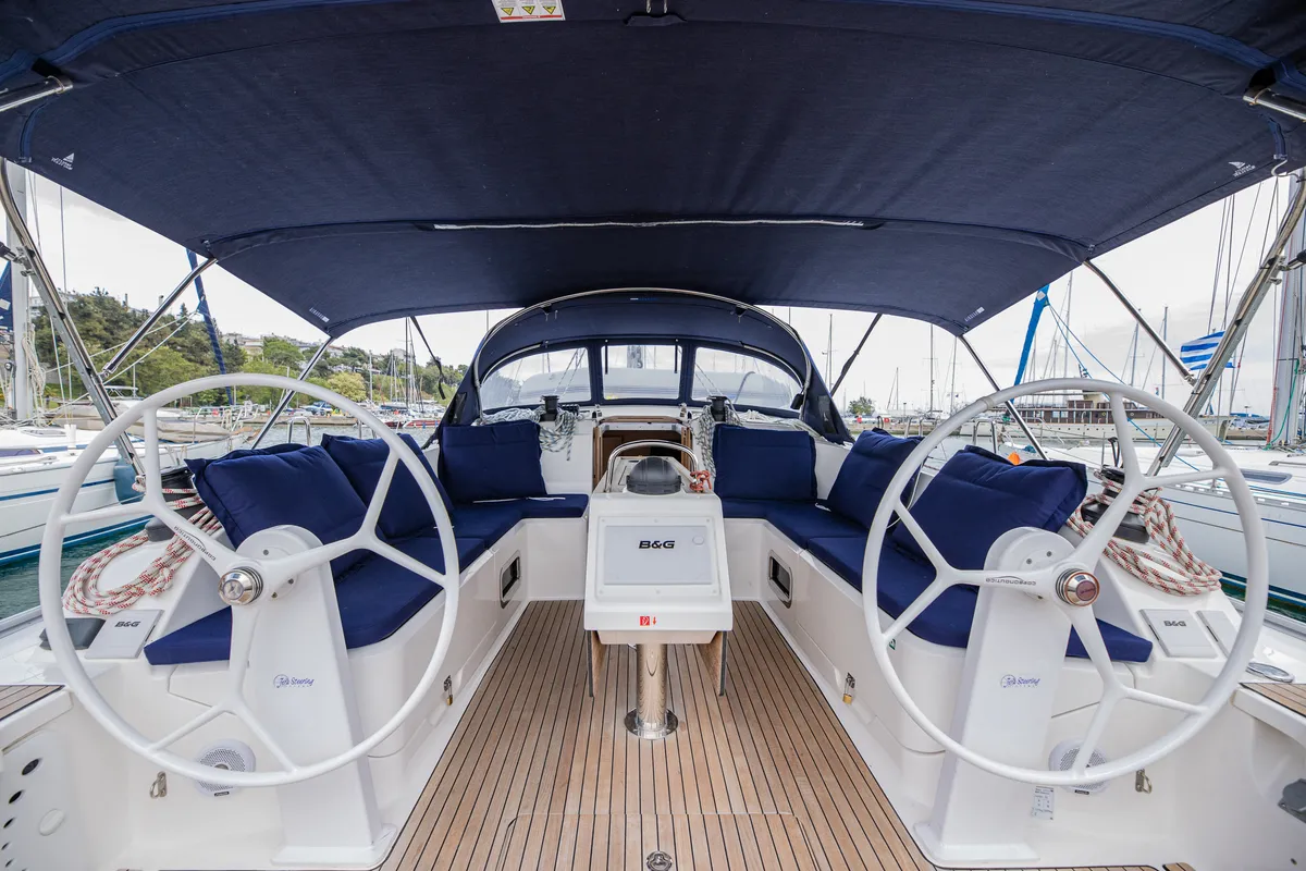 Cockpit of Blue-D, a Bavaria Cruiser 46 sailboat at Volos Municipality, Greece