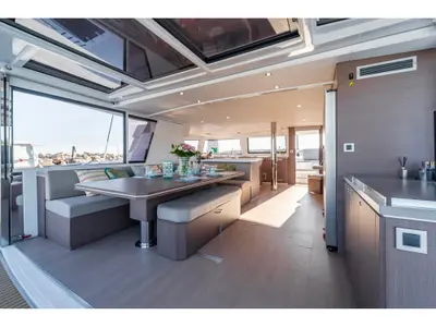 Salon of Signature Vision (2022), a Bali 5.4 catamaran at Figari/Golfo Aranci, Italy