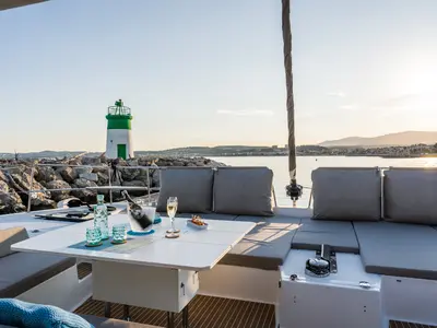 Deck of Signature Vision (2022), a Bali 5.4 catamaran at Figari/Golfo Aranci, Italy