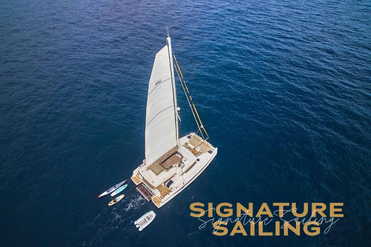 Exterior view of Signature Vision (2022), a Bali 5.4 catamaran at Figari/Golfo Aranci, Italy