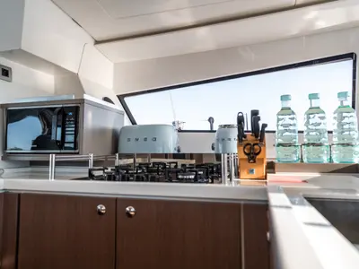Galley of Signature Vision (2022), a Bali 5.4 catamaran at Figari/Golfo Aranci, Italy