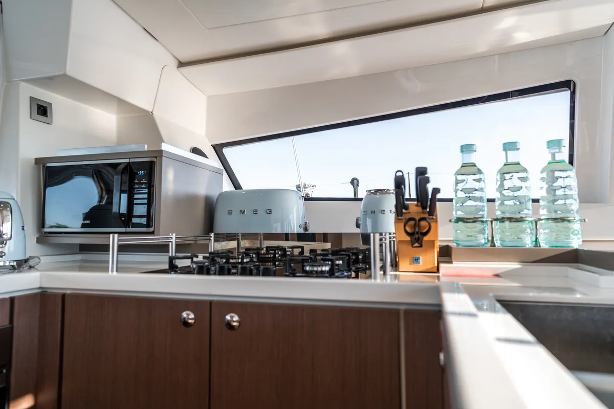Galley of Signature Vision (2022), a Bali 5.4 catamaran at Figari/Golfo Aranci, Italy