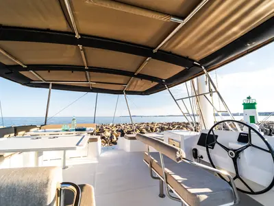 Cockpit of Signature Vision (2022), a Bali 5.4 catamaran at Figari/Golfo Aranci, Italy