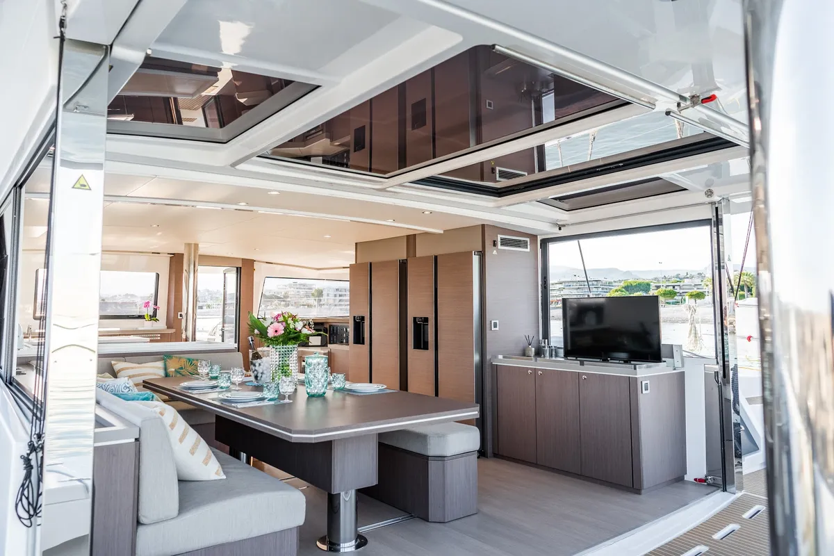 Salon of Signature Vision (2022), a Bali 5.4 catamaran at Figari/Golfo Aranci, Italy