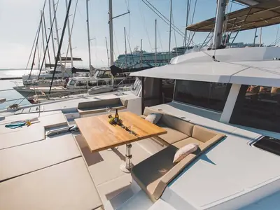 Deck of Sikelia, a Bali 5.4 catamaran at Capo d'Orlando, Italy