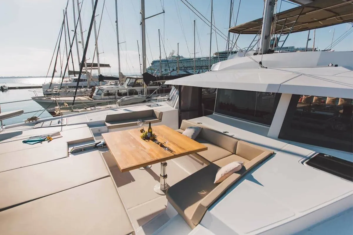 Deck of Sikelia, a Bali 5.4 catamaran at Capo d'Orlando, Italy