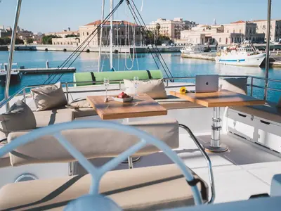 Cockpit of Sikelia, a Bali 5.4 catamaran at Capo d'Orlando, Italy