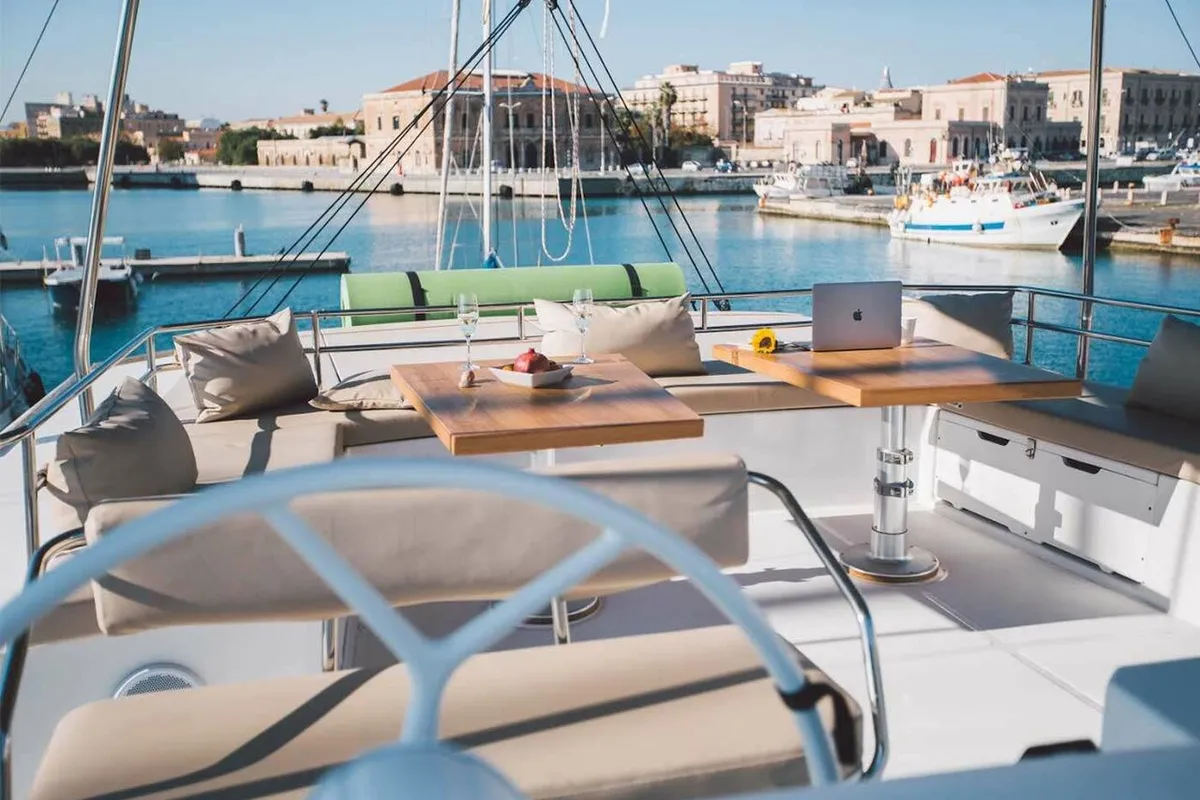 Cockpit of Sikelia, a Bali 5.4 catamaran at Capo d'Orlando, Italy