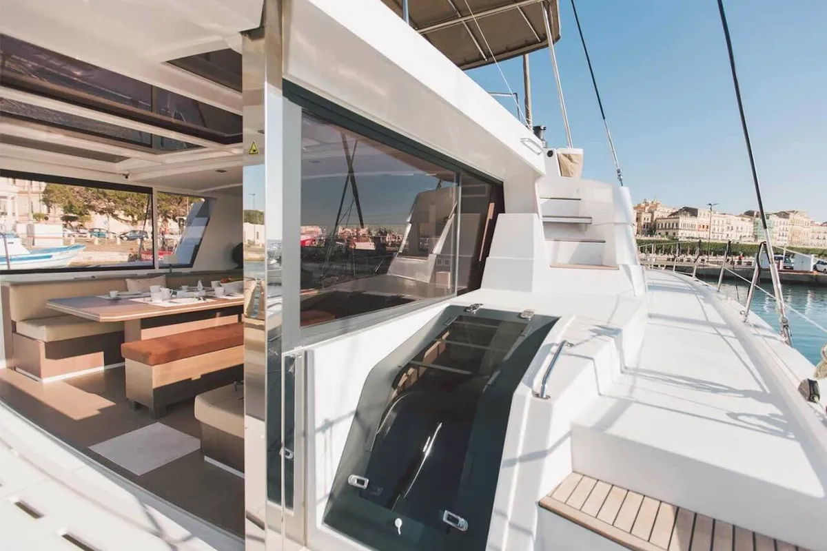 Deck of Sikelia, a Bali 5.4 catamaran at Capo d'Orlando, Italy