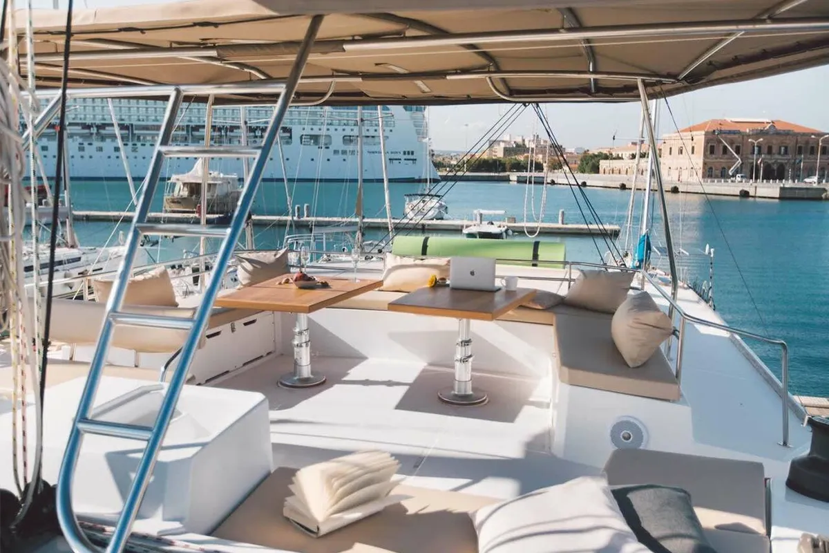 Deck of Sikelia, a Bali 5.4 catamaran at Capo d'Orlando, Italy