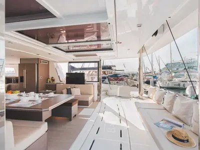 Salon of Sikelia, a Bali 5.4 catamaran at Capo d'Orlando, Italy