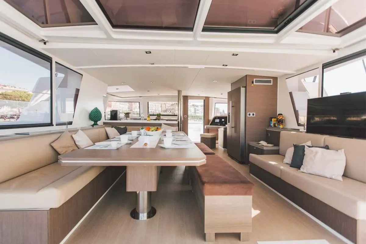 Salon of Sikelia, a Bali 5.4 catamaran at Capo d'Orlando, Italy