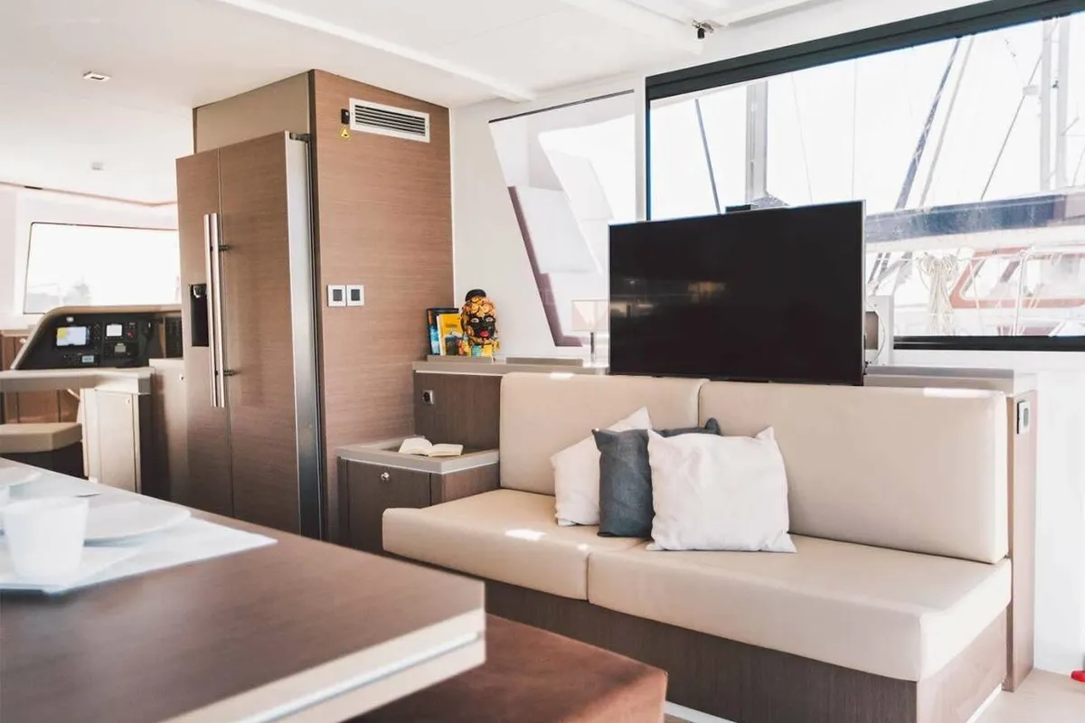 Salon of Sikelia, a Bali 5.4 catamaran at Capo d'Orlando, Italy