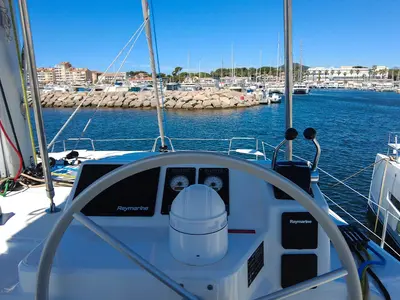 Cockpit of Black Swan, a Bali Catspace catamaran at Hyères, France