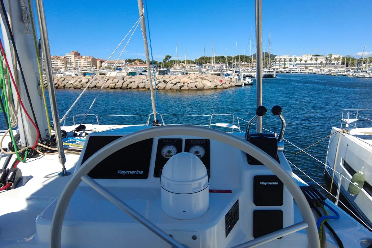 Cockpit of Black Swan, a Bali Catspace catamaran at Hyères, France