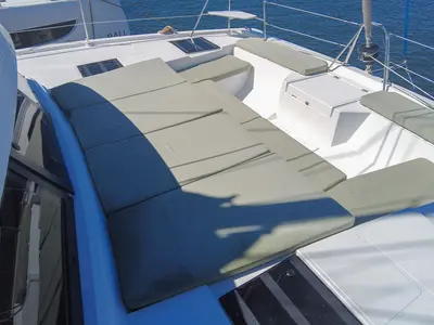 Deck of Black Swan, a Bali Catspace catamaran at Hyères, France