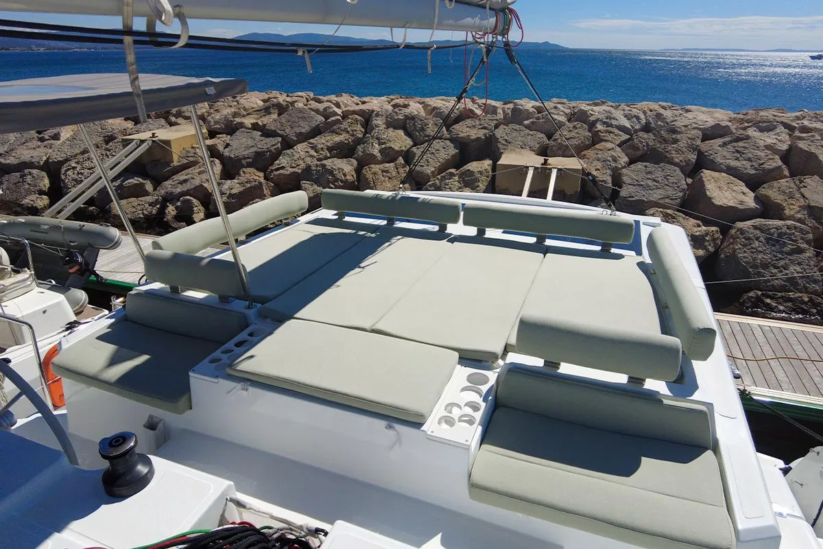 Deck of Black Swan, a Bali Catspace catamaran at Hyères, France