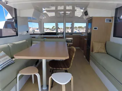Salon of Black Swan, a Bali Catspace catamaran at Hyères, France