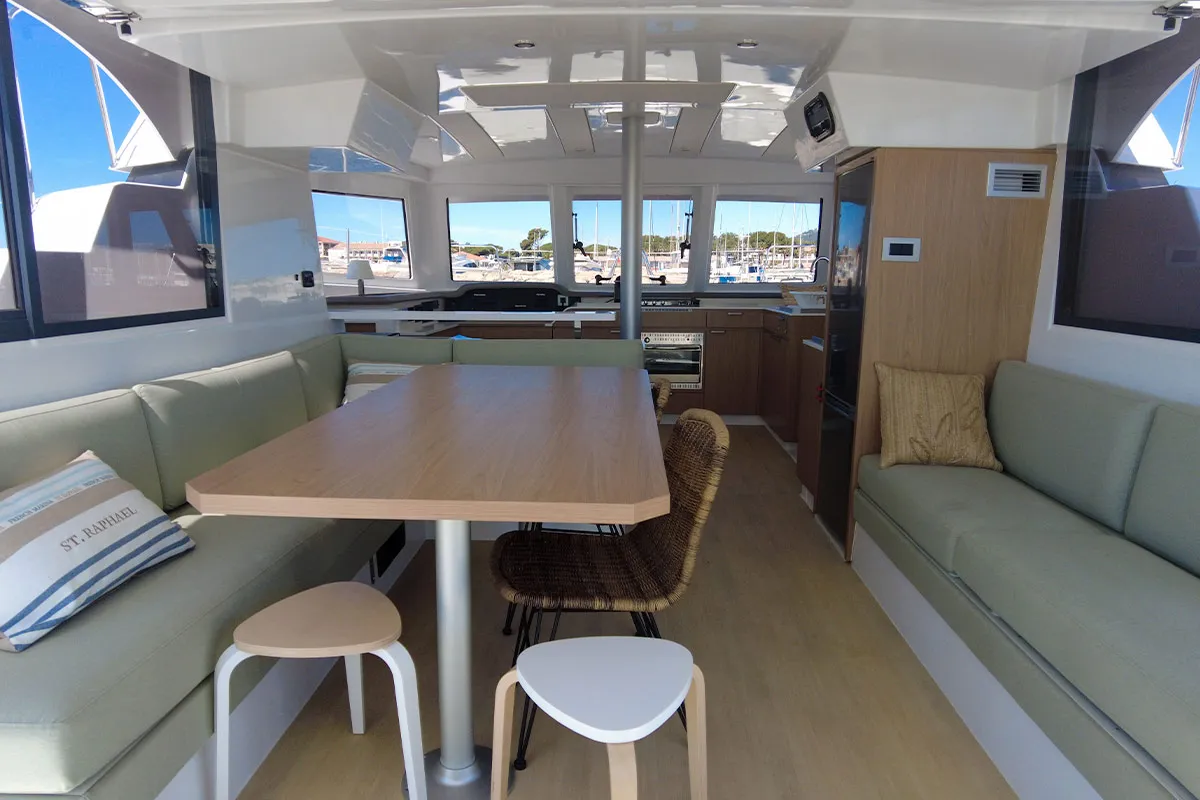 Salon of Black Swan, a Bali Catspace catamaran at Hyères, France
