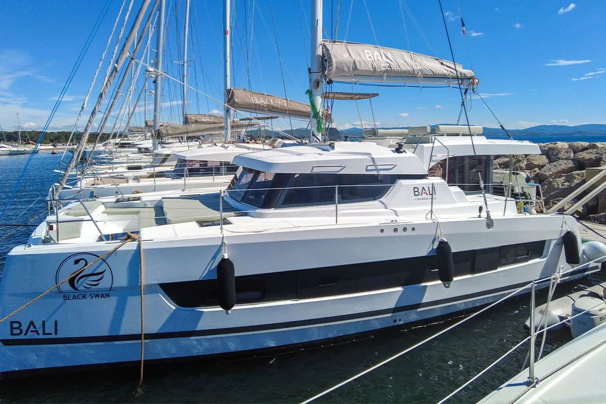 Exterior view of Black Swan, a Bali Catspace catamaran at Hyères, France