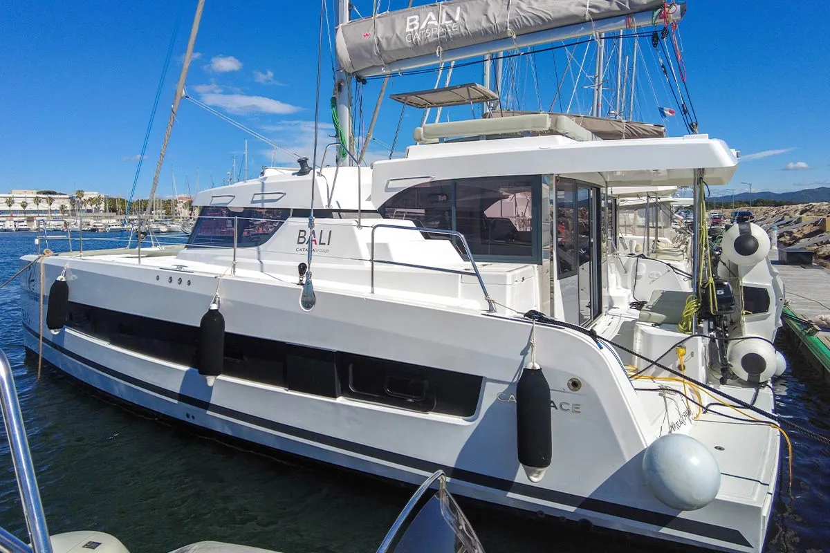 Exterior view of Black Swan, a Bali Catspace catamaran at Hyères, France