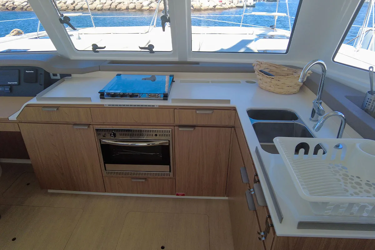 Galley of Black Swan, a Bali Catspace catamaran at Hyères, France