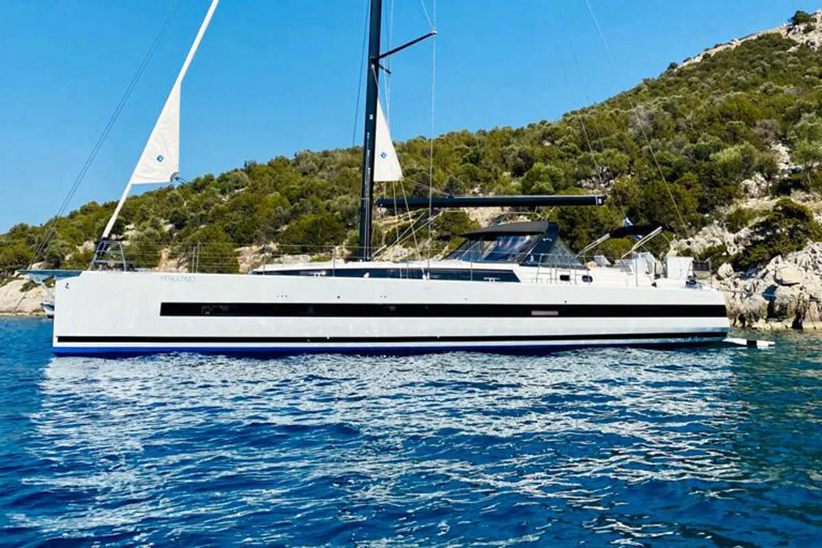 Exterior view of Penultimo , a Beneteau Oceanis Yacht 62 - 4 + 1 sailboat at Athens, Greece