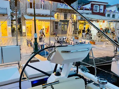 Cockpit of Penultimo , a Beneteau Oceanis Yacht 62 - 4 + 1 sailboat at Athens, Greece