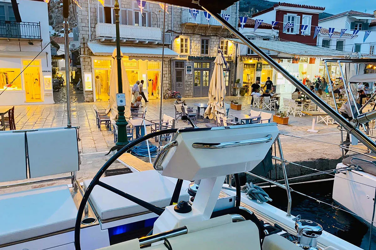 Cockpit of Penultimo , a Beneteau Oceanis Yacht 62 - 4 + 1 sailboat at Athens, Greece