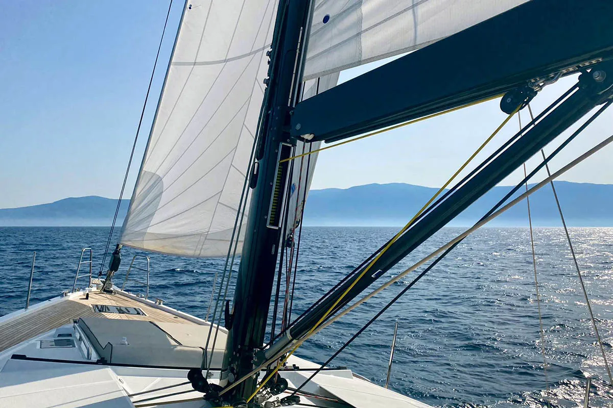 Deck of Penultimo , a Beneteau Oceanis Yacht 62 - 4 + 1 sailboat at Athens, Greece