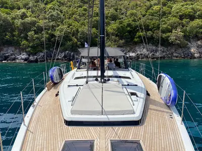 Deck of Penultimo , a Beneteau Oceanis Yacht 62 - 4 + 1 sailboat at Athens, Greece