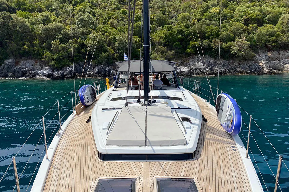 Deck of Penultimo , a Beneteau Oceanis Yacht 62 - 4 + 1 sailboat at Athens, Greece