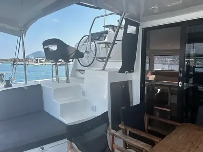 Cockpit of Marebella (Pax 12), a Lagoon 42 catamaran at Municipal Unit of Lefkada, Greece