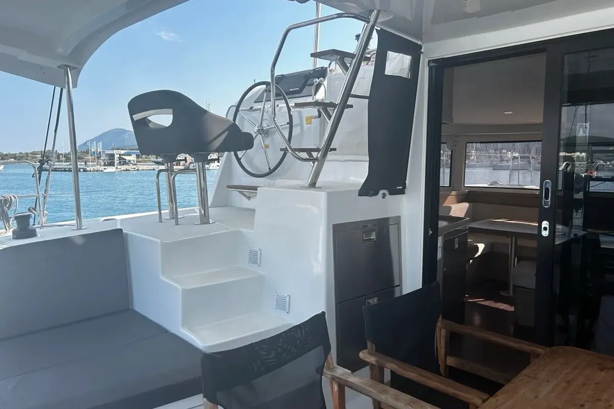 Cockpit of Marebella (Pax 12), a Lagoon 42 catamaran at Municipal Unit of Lefkada, Greece