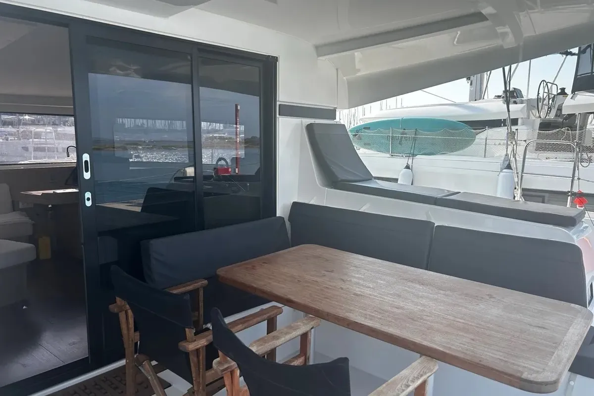 Deck of Marebella (Pax 12), a Lagoon 42 catamaran at Municipal Unit of Lefkada, Greece