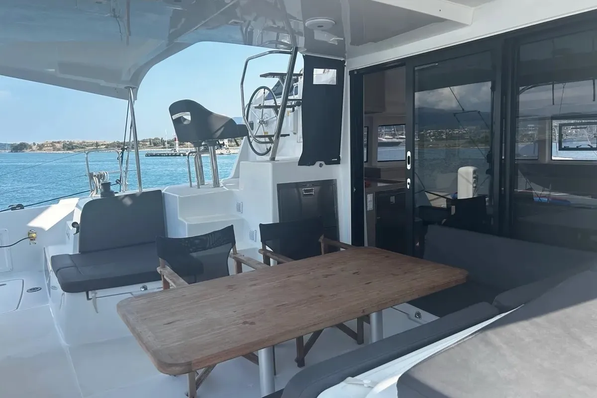 Deck of Marebella (Pax 12), a Lagoon 42 catamaran at Municipal Unit of Lefkada, Greece