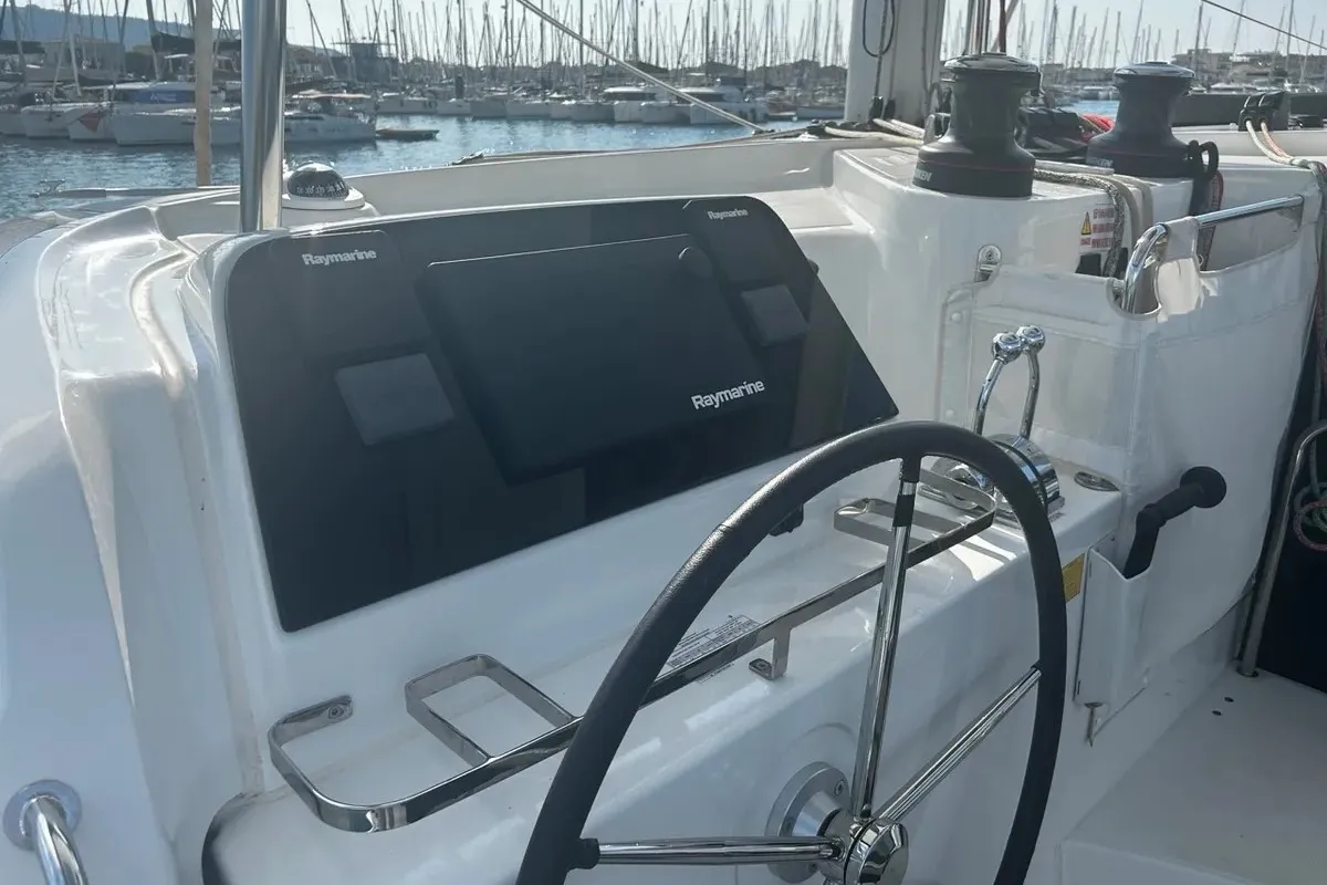 Cockpit of Marebella (Pax 12), a Lagoon 42 catamaran at Municipal Unit of Lefkada, Greece