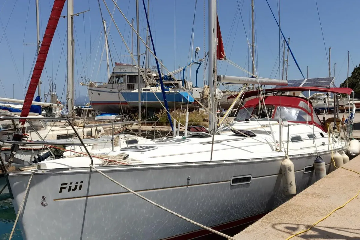 Exterior view of Fiji, a Beneteau Oceanis 393 sailboat at Pylos, Greece