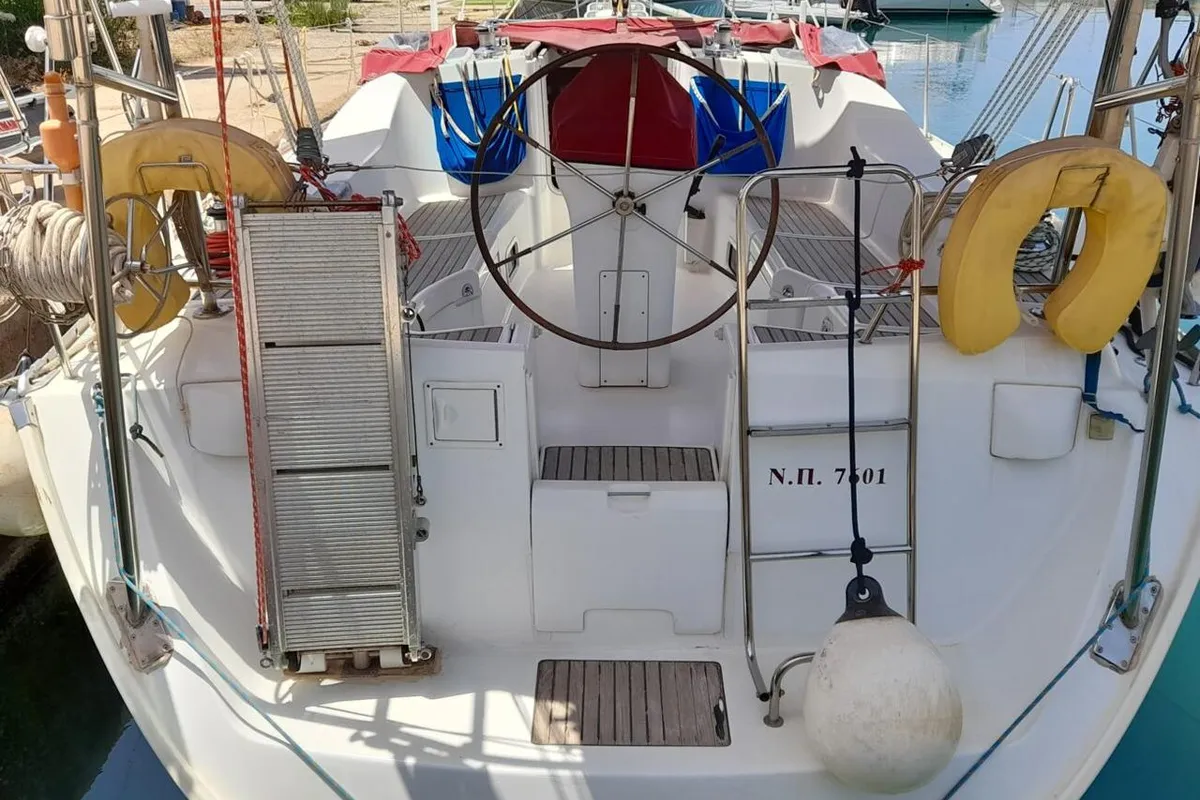 Cockpit of Fiji, a Beneteau Oceanis 393 sailboat at Pylos, Greece