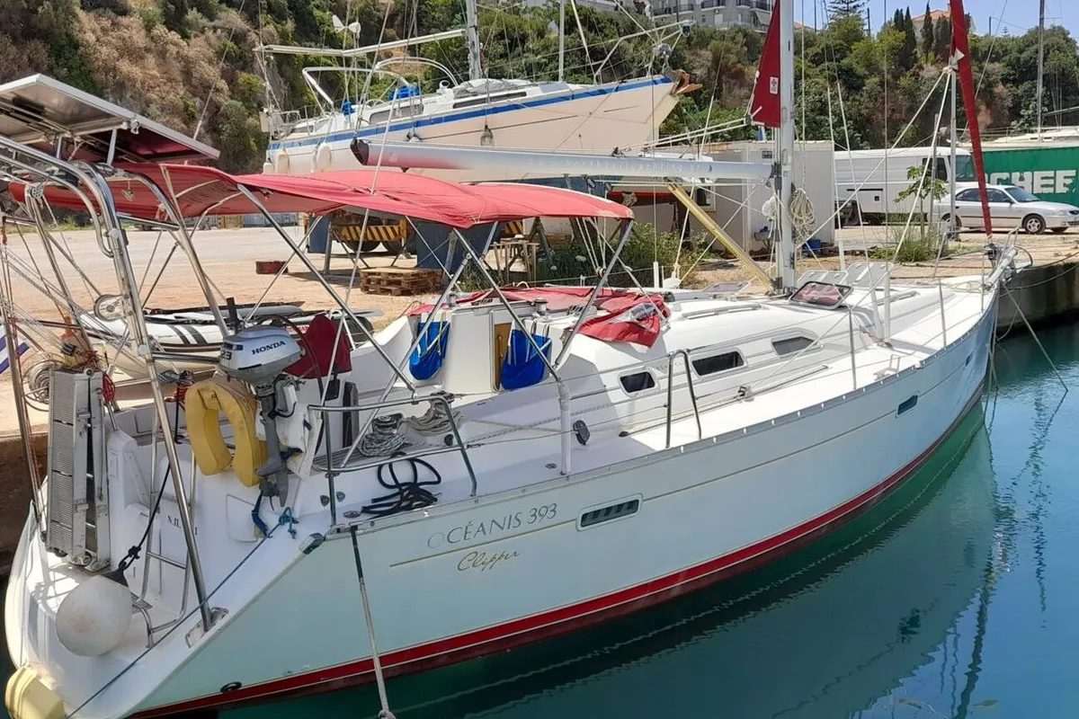Exterior view of Fiji, a Beneteau Oceanis 393 sailboat at Pylos, Greece