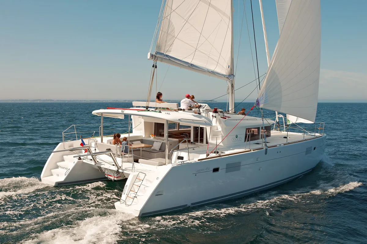 Exterior view of Luna, a Lagoon 450 F catamaran at Fethiye, Turkey