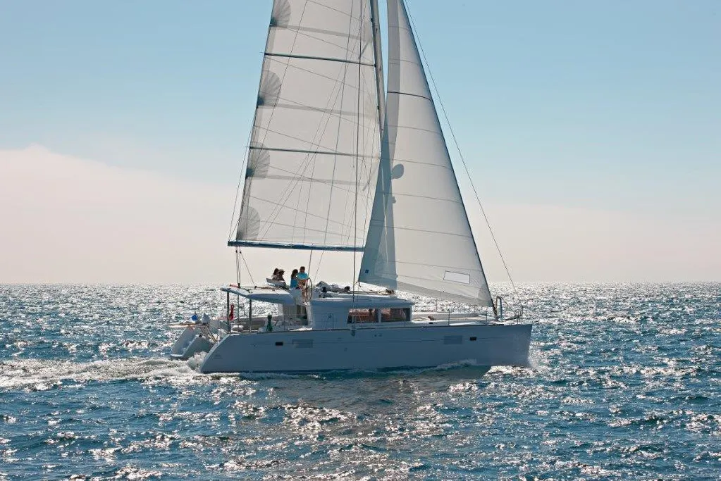 Exterior view of Luna, a Lagoon 450 F catamaran at Fethiye, Turkey