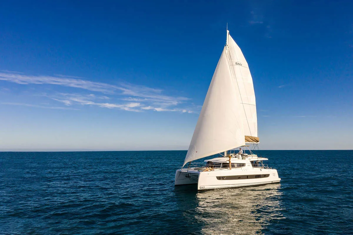 Exterior view of La Traviesa, a Bali 4.6 catamaran at Roche Caiman, Seychelles