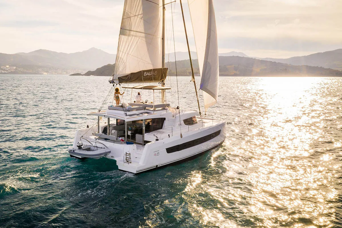 Exterior view of La Traviesa, a Bali 4.6 catamaran at Roche Caiman, Seychelles